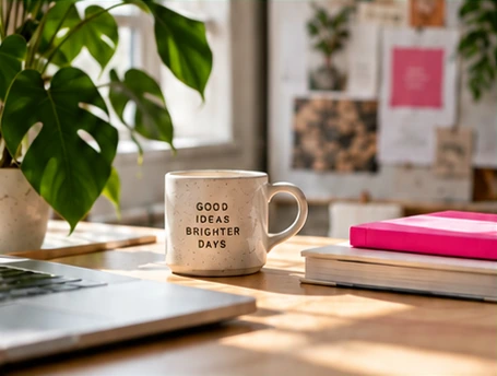 Creative studio desk with coffee and notebook
