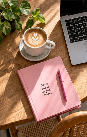 Coffee, notebook and laptop ready for a new creative project